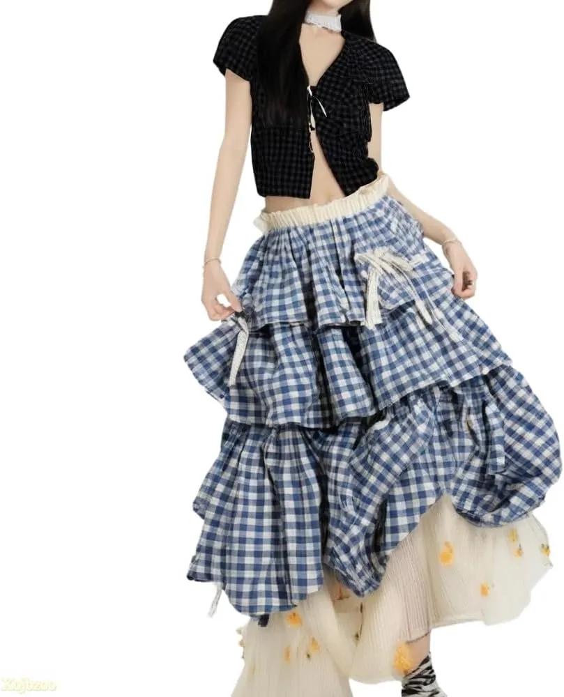 Y2k Vintage Plaid Patchwork Tiered Skirt 3D Satin Bow Layered Ruffles Lightweight Cotton Linen Blend Dressy Outfit for Women