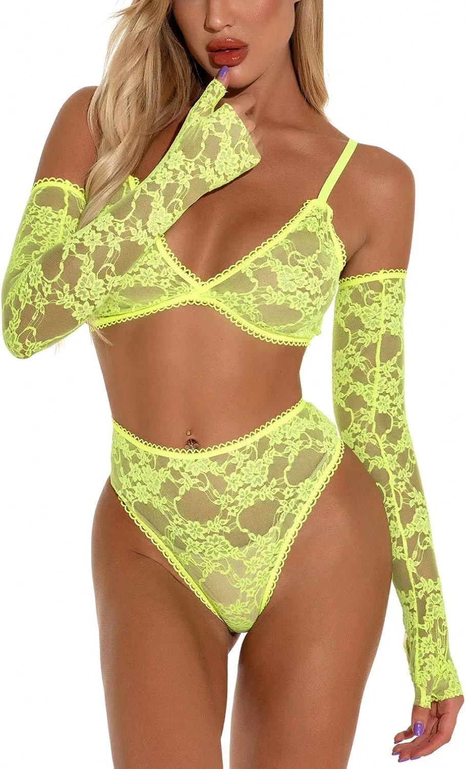 Zhenaly Sexy Lingerie Set for Women Lace Bralette Bra and Panty Set Babydoll Yellow, Large